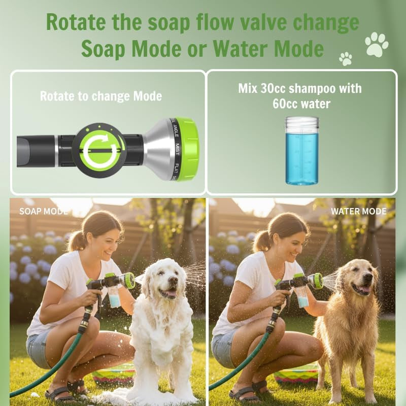 Dog Washing Hose Attachment, 10 Spray Modes and Adjustable Water Pressure Garden Hose Nozzle with Soap Dispenser for Dog Cat Bathing, Also Adopted in Watering Flowers, Pet Wash
