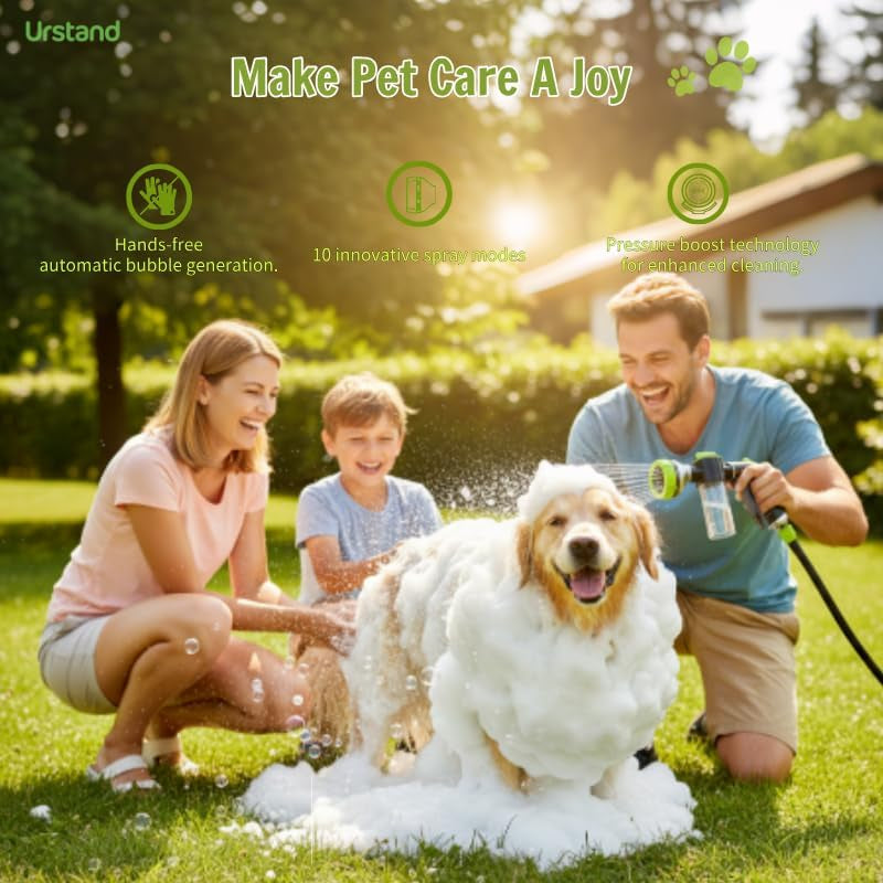 Dog Washing Hose Attachment, 10 Spray Modes and Adjustable Water Pressure Garden Hose Nozzle with Soap Dispenser for Dog Cat Bathing, Also Adopted in Watering Flowers, Pet Wash